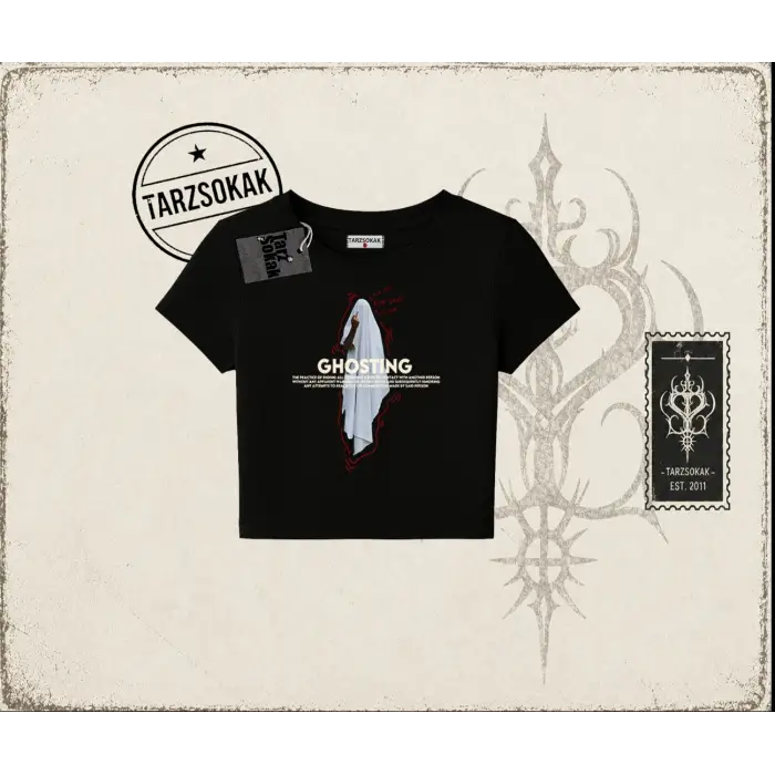 Unisex Siyah Ghosting Kadın Baby Tee Beyaz