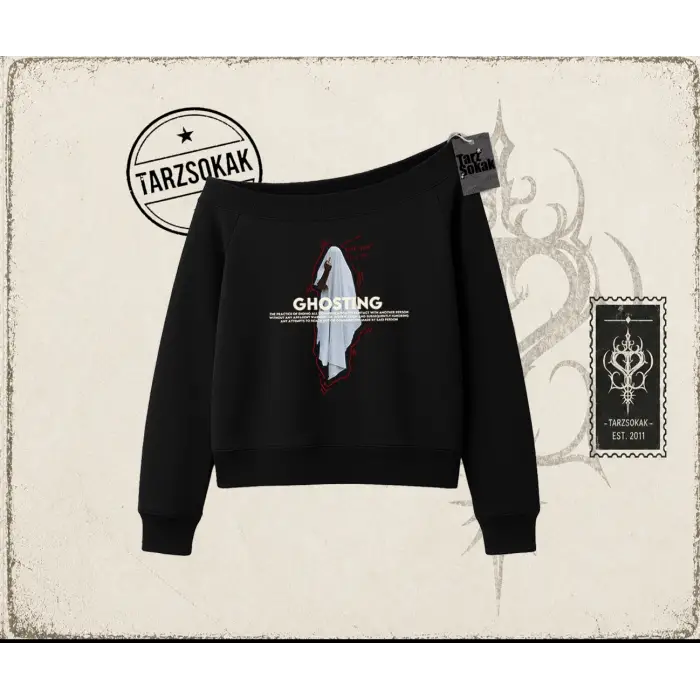 Unisex Siyah Ghosting Kadın Kayık Yaka Sweatshirt Beyaz