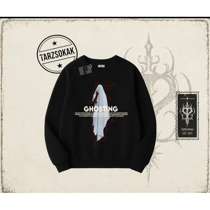 Unisex Siyah Ghosting Oversize Unisex Bisiklet Yaka Sweatshirt Beyaz