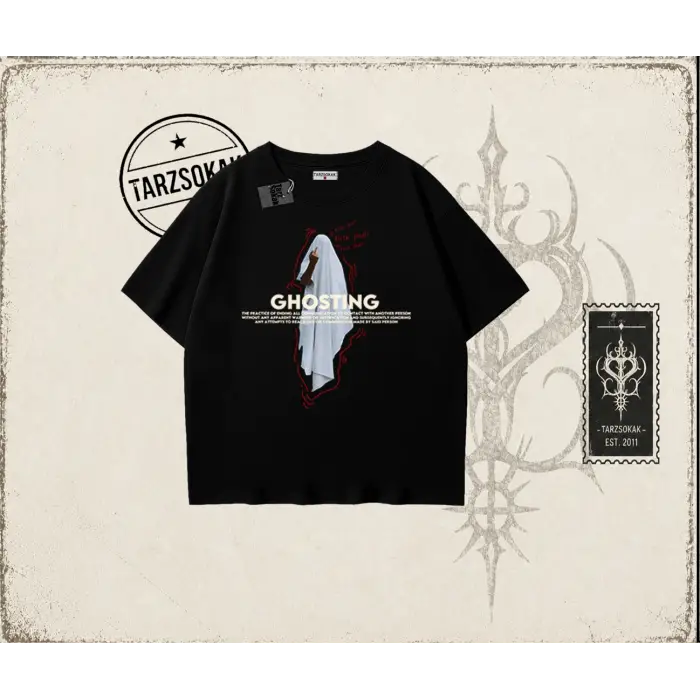 Unisex Siyah Ghosting Oversize Unisex Tişört Beyaz