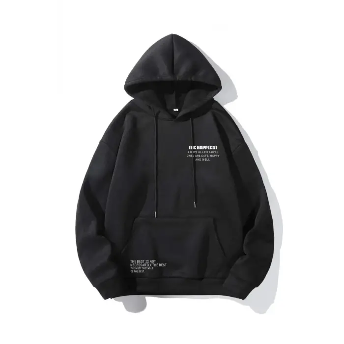 Unisex Siyah Happiest Baskılı Oversize Kapşonlu Sweatshirt