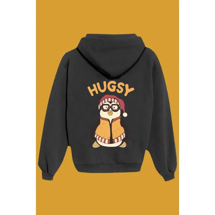 Unisex Siyah Hugsy Sırt Baskılı Sweatshirt