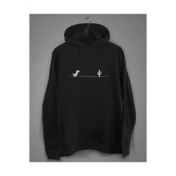 Unisex Siyah Internetsiz Dinozor Baskılı Sweatshirt
