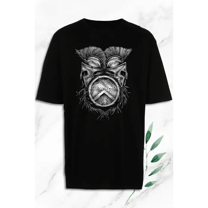 Unisex Siyah Mitoloji Gladyatör Miğfer Baskılı Oversize T-Shirt