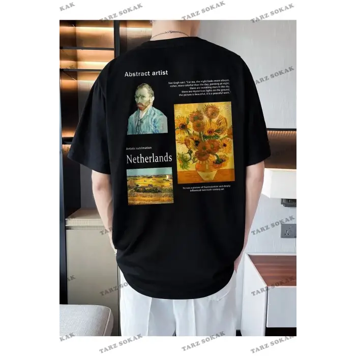 Unisex Siyah Netherlands Baskılı Oversize Bisiklet Yaka Penye