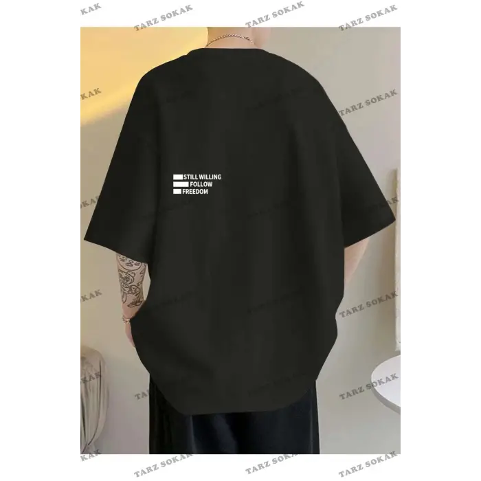 Unisex Siyah Oversiz Still Follow Freedom Baskılı Örme