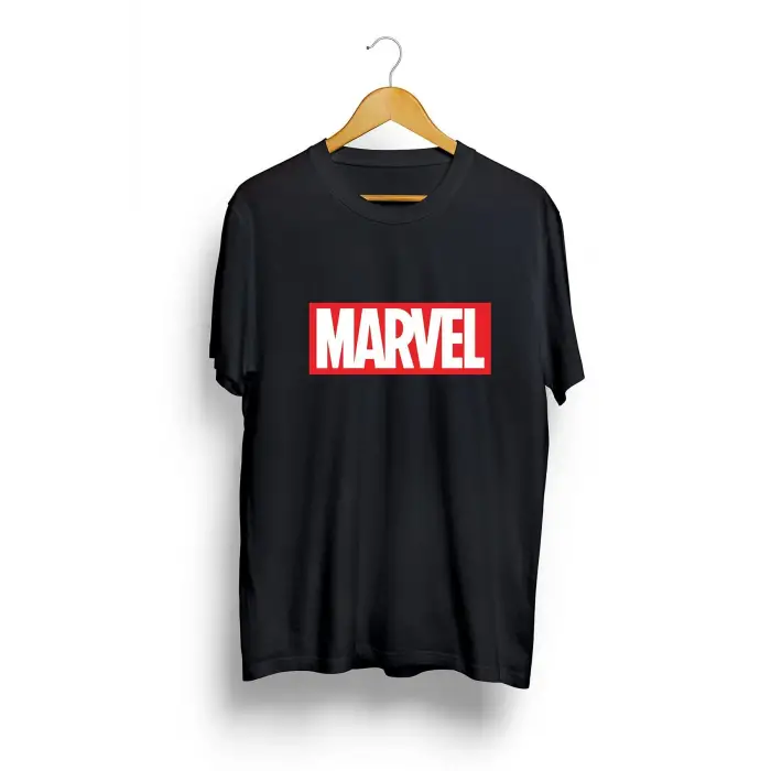 Unisex Siyah Oversize Marvel Baskılı T-shirt