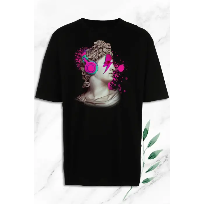 Unisex Siyah Oversize Mitoloji Heykel Baskılı T-Shirt