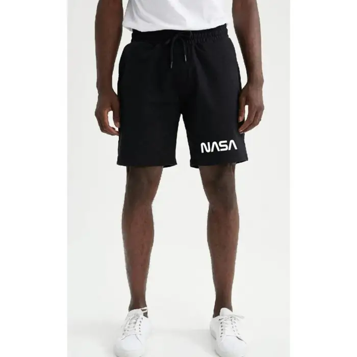 Unisex Siyah Panda Baskılı Cepli Penye Şort