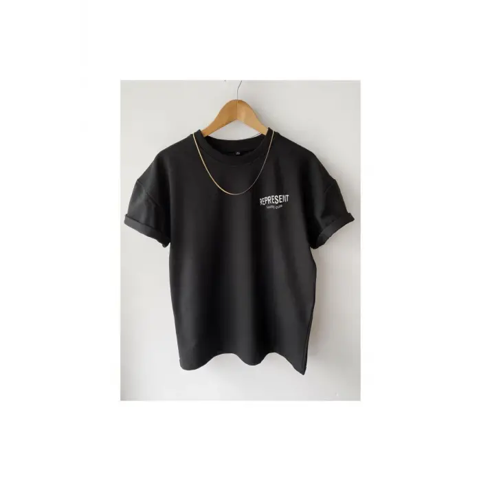 Unisex Siyah Represent Baskılı Oversize Bisiklet Yaka T-shirt