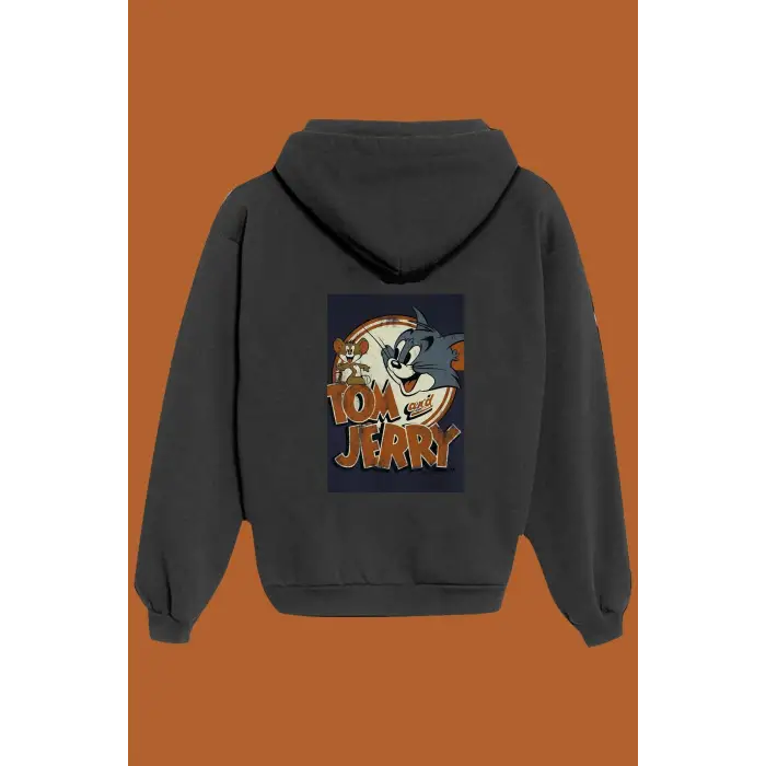 Unisex Siyah Tom And Jerry Sırt Baskılı Sweatshirt