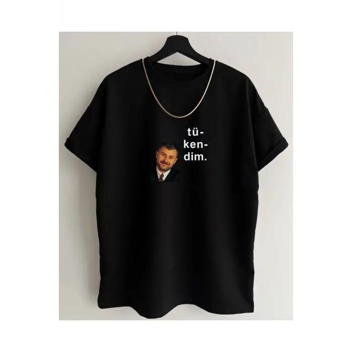 Unisex Siyah Tükendim Baskılı Bisiklet Yaka Tshirt