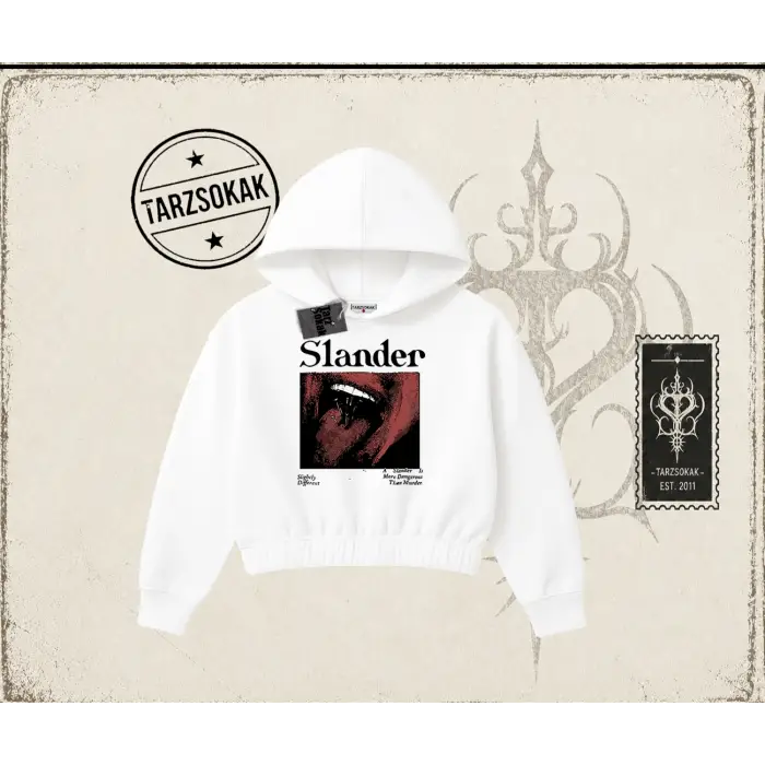 Unisex Slander Kadın Crop Kapşonlu Sweatshirt Beyaz