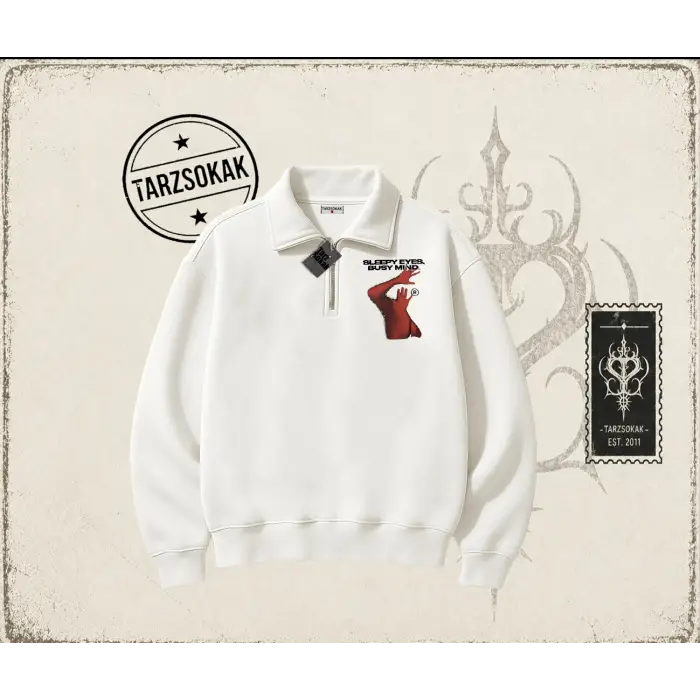 Unisex Sleepy Eyes Unisex Polo Yaka Yarım Fermuarlı Sweatshirt Beyaz