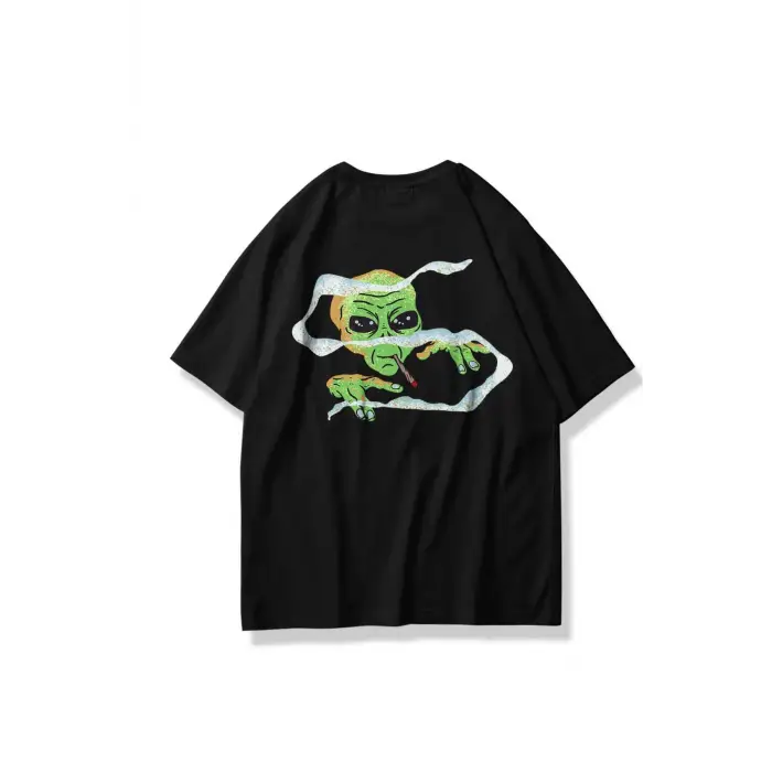 Unisex Smoking Alien Tshirt Siyah