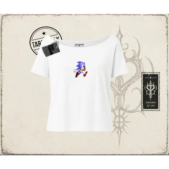 Unisex Sonic The Hedgehog Kadın Kayık Yaka Tişört Beyaz