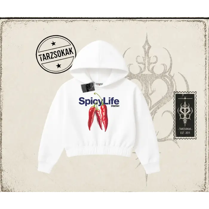 Unisex Spicylife Kadın Crop Kapşonlu Sweatshirt Beyaz