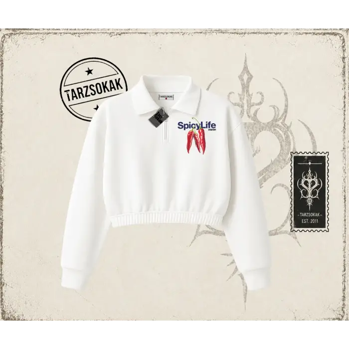 Unisex Spicylife Kadın Crop Polo Yaka Yarım Fermuarlı Sweatshirt Beyaz
