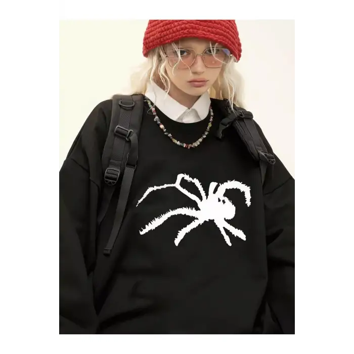 Unisex Spider Bisiklet Yaka Sweatshirt Siyah