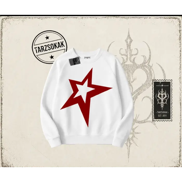 Unisex Star Oversize Unisex Bisiklet Yaka Sweatshirt Beyaz