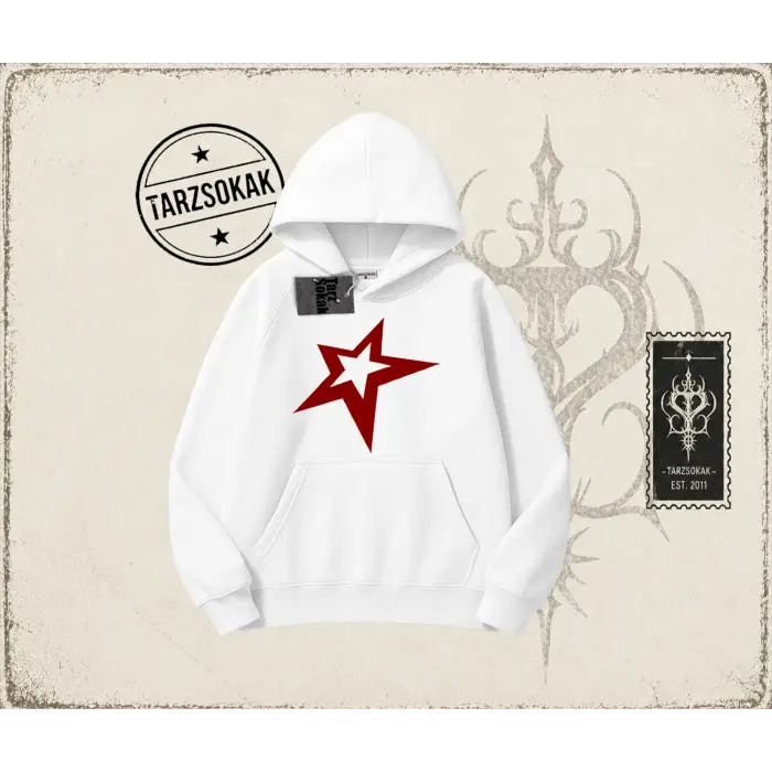 Unisex Star Oversize Unisex Kapşonlu Sweatshirt Beyaz