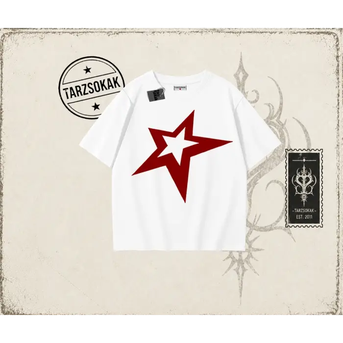 Unisex Star Oversize Unisex Tişört Beyaz