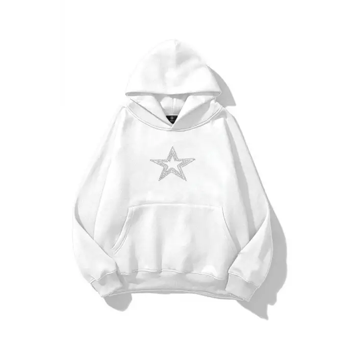 Unisex Star Stroke Taş Baskılı Sweatshirt Beyaz