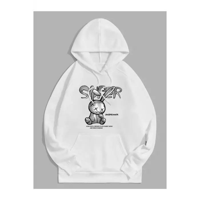 Unisex Super Baskılı Kapüşonlu Sweatshirt Beyaz