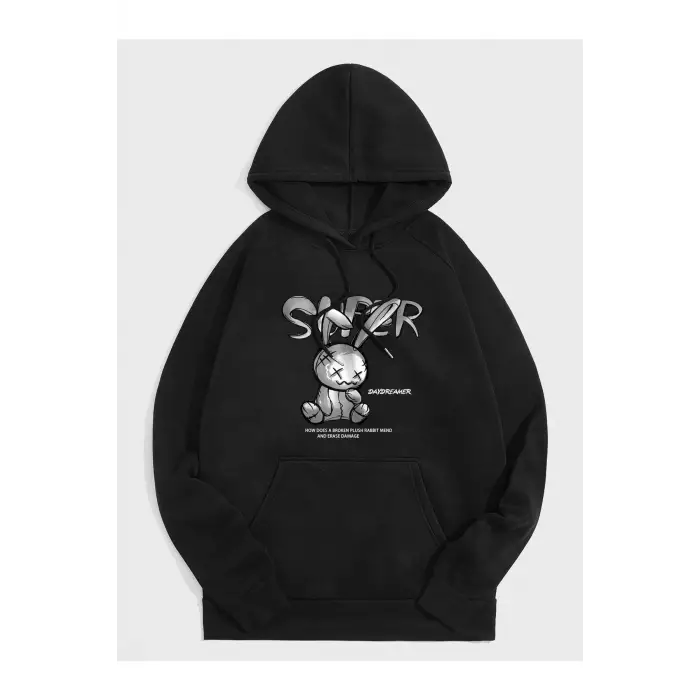 Unisex Super Baskılı Kapüşonlu Sweatshirt Siyah