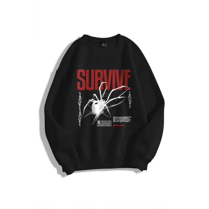 Unisex Survive Bisiklet Yaka Sweatshirt Siyah