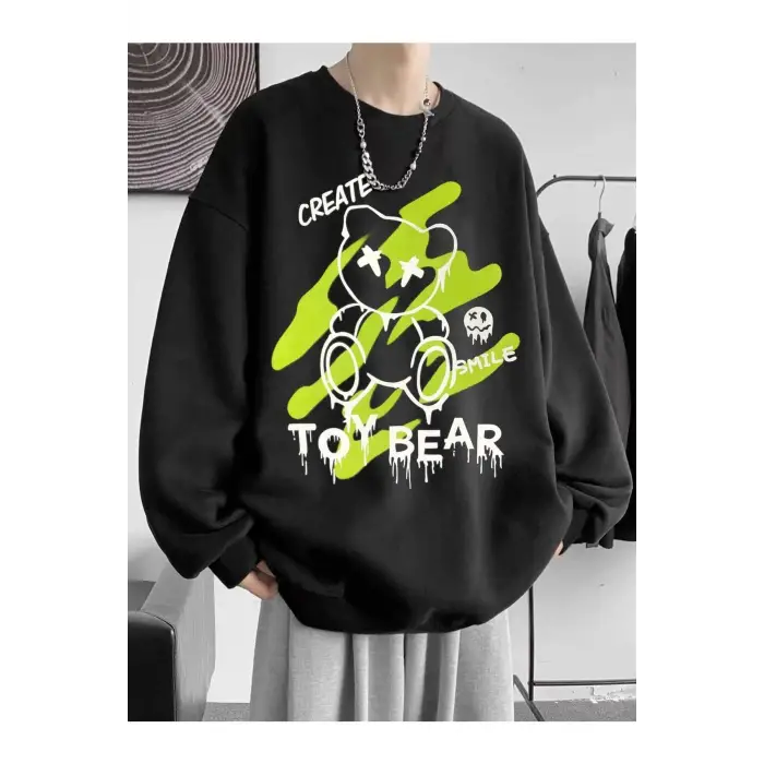 Unisex Toy Bear Baskılı Oversize Bisiklet Yaka Sweatshirt Siyah