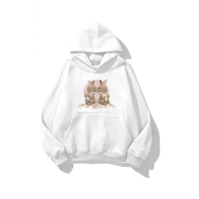 Unisex Two Rabbit with Flower Sweatshirt Beyaz