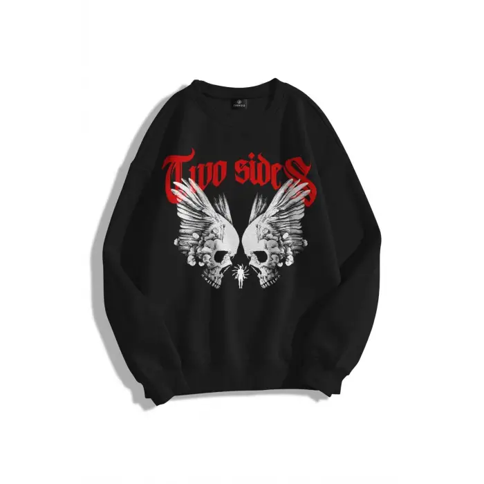 Unisex Two Sides Bisiklet Yaka Sweatshirt Siyah