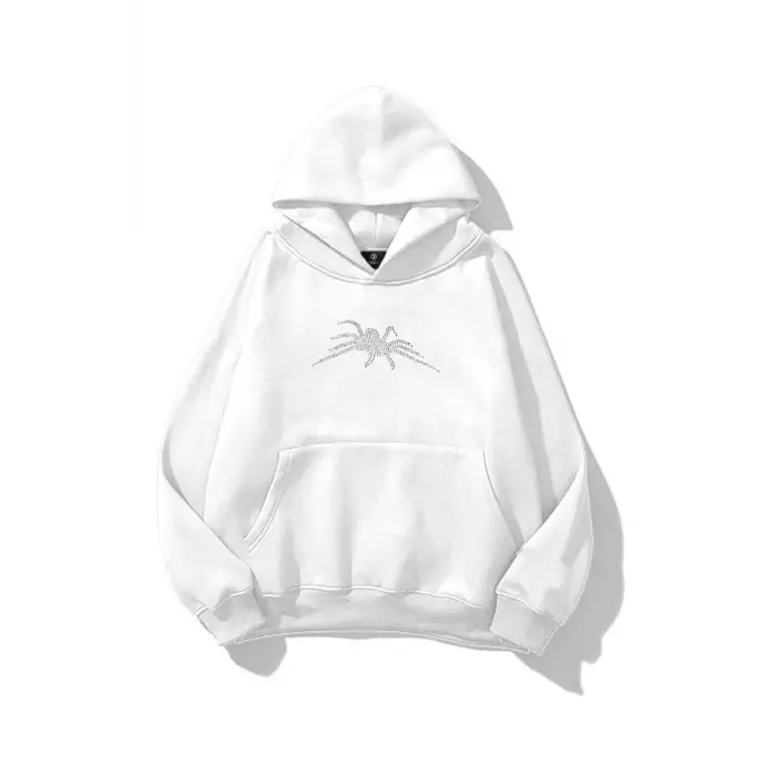 Unisex Vintage Spider Taş Baskılı Sweatshirt Beyaz