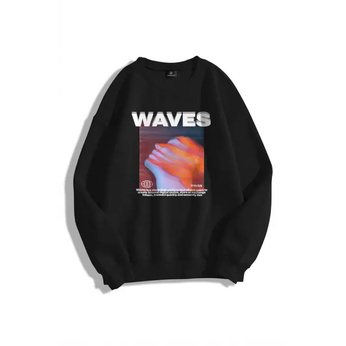 Unisex Waves Bisiklet Yaka Sweatshirt Siyah