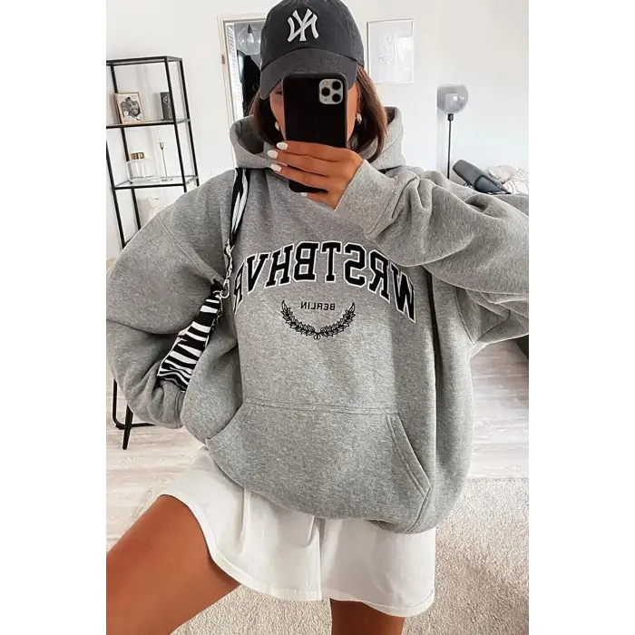 Unisex Wrstbhr Baskılı Oversize Kapüşonlu Sweatshirt Gri