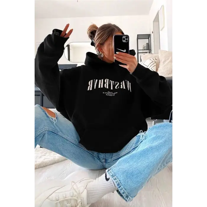 Unisex Wrstbhr Baskılı Oversize Kapüşonlu Sweatshirt Siyah