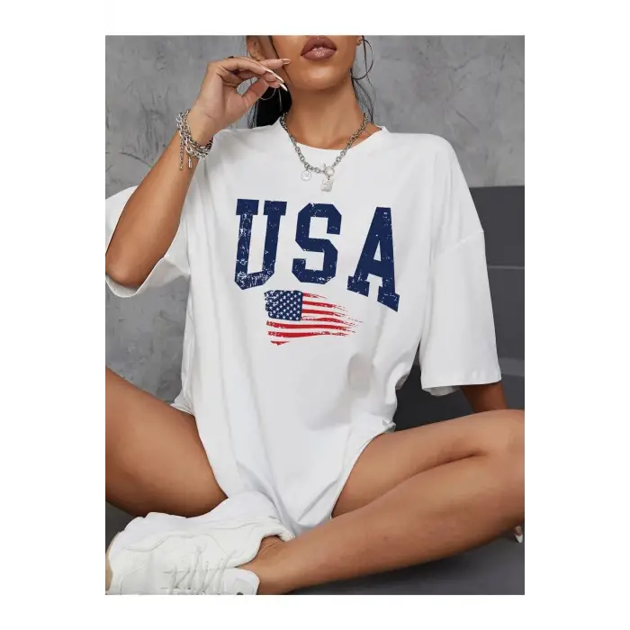 Usa Flag Baskılı Beyaz Oversize Tişört