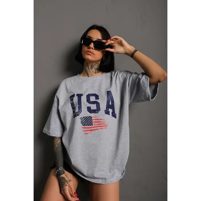 Usa Flag Baskılı Gri Oversize T-Shirt