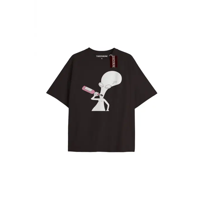 UZAYLI  Unisex Oversize Yazılı Tshirt SİYAH