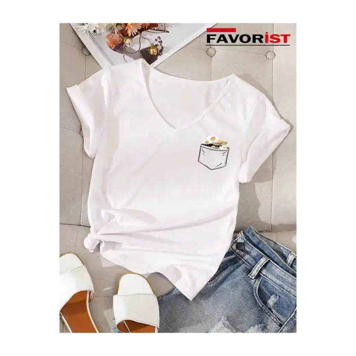 V Yaka Basic Çiçek Baskılı Pamuklu Tshirt (normal