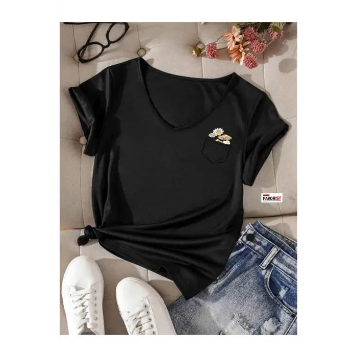 V Yaka Basic Çiçek Baskılı Pamuklu Tshirt (NORMAL