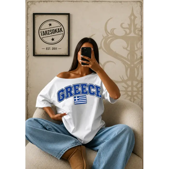 Vintage GREECE Baskılı Unisex Oversize