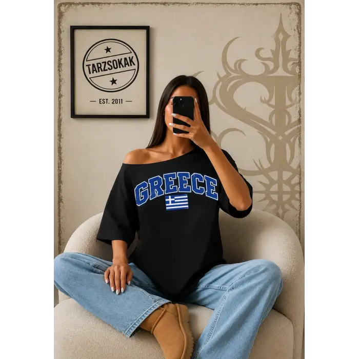 Vintage GREECE Baskılı Unisex Oversize