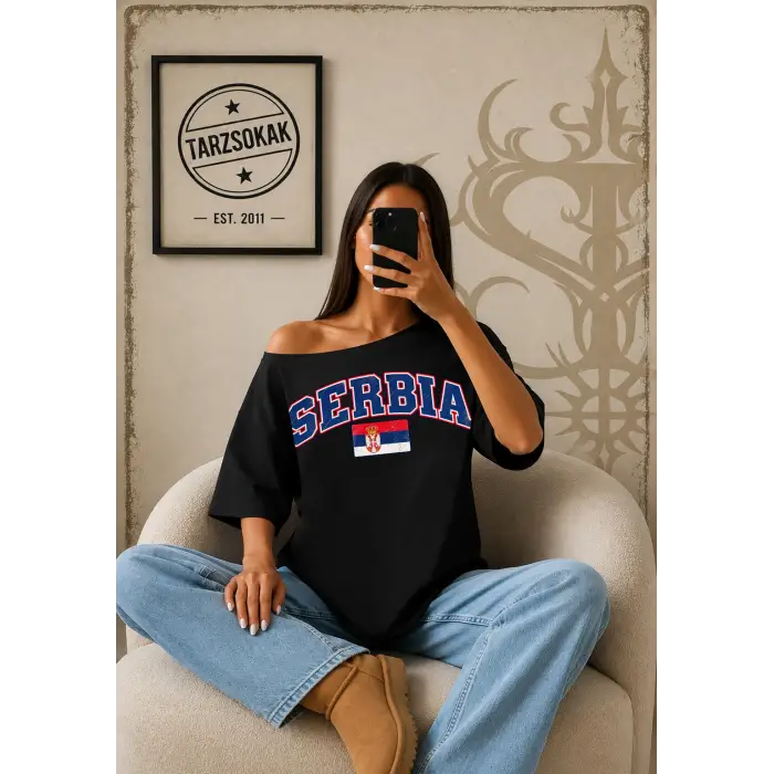 Vintage SERBIA Baskılı Unisex Oversize
