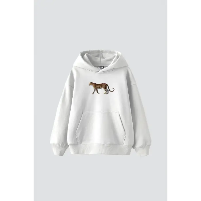 Walking Leopard Baskılı Oversize Unisex Premium Beyaz