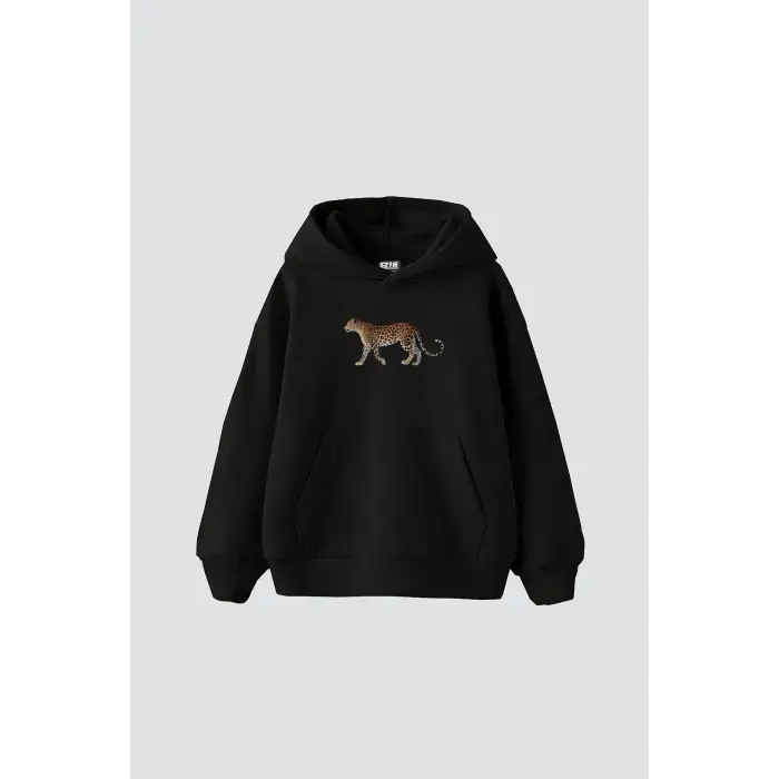 Walking Leopard Baskılı Oversize Unisex Premium Siyah