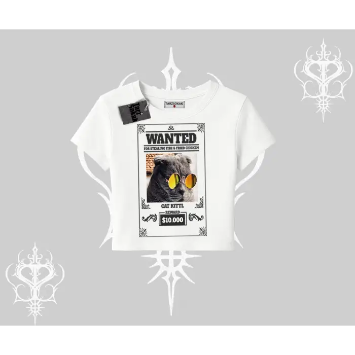 Wanted Temalı Kedi Baskılı Babby Tee Tshirt