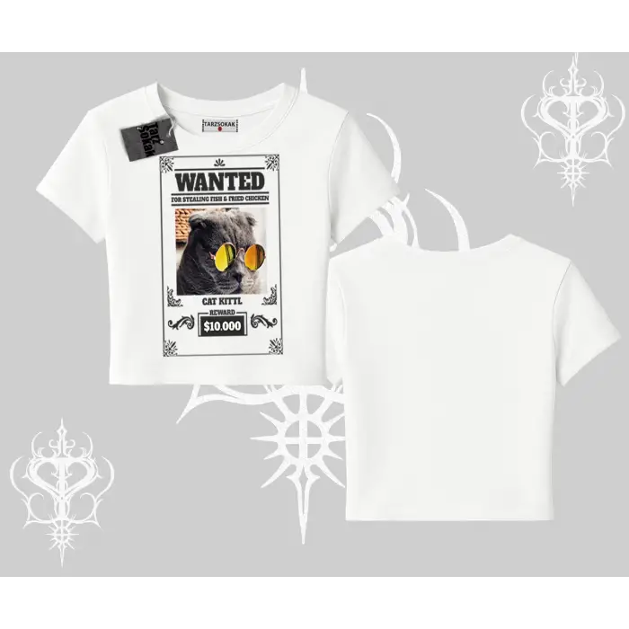 Wanted Temalı Kedi Baskılı Babby Tee Tshirt