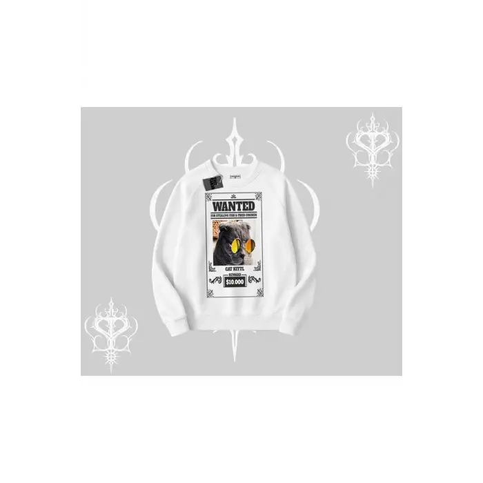 Wanted Temalı Kedi Baskılı Biskilet Sweatshirt
